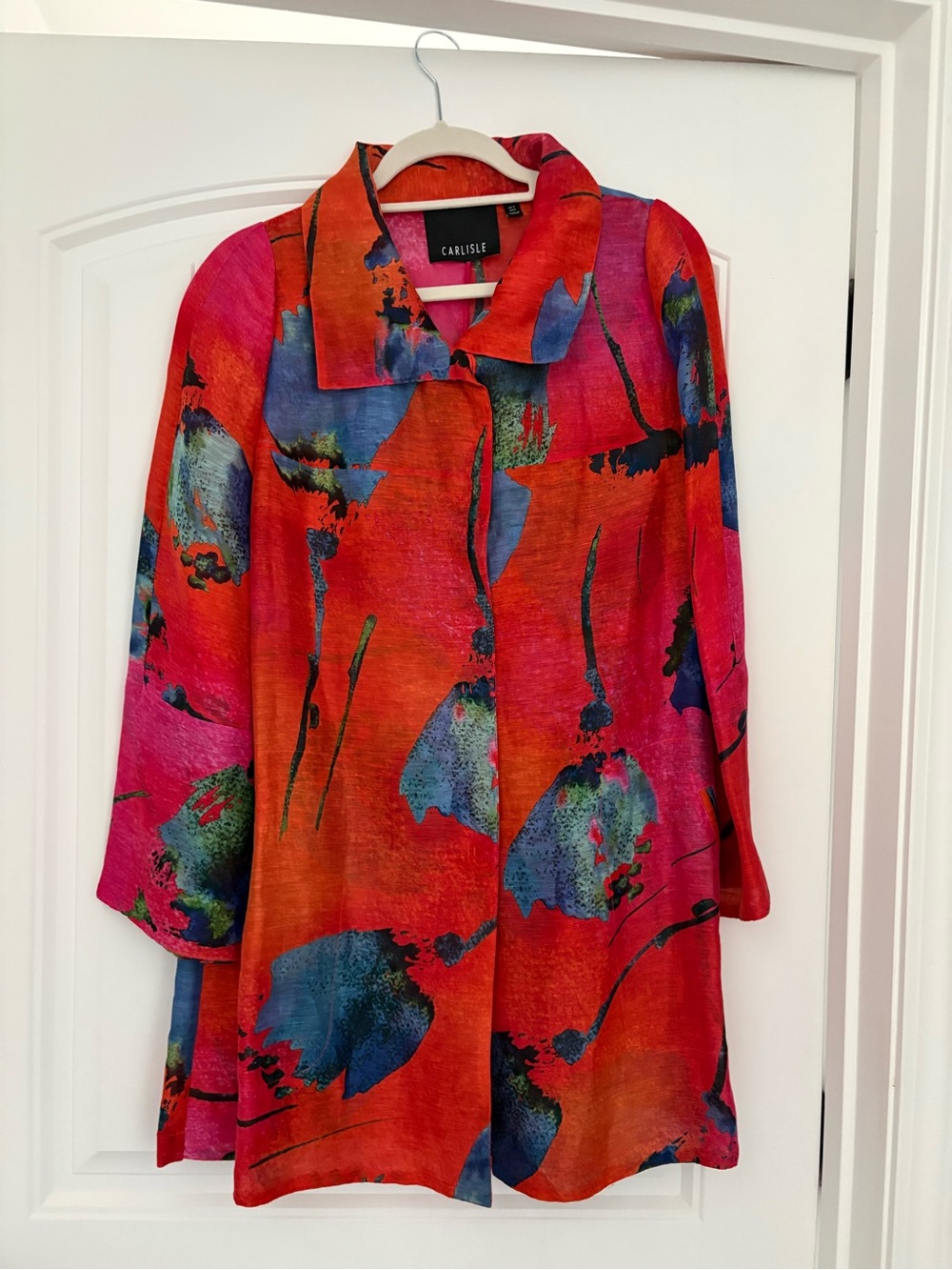 Carlisle Red Abstract Watercolor Print  Button-Front Sheer Tunic